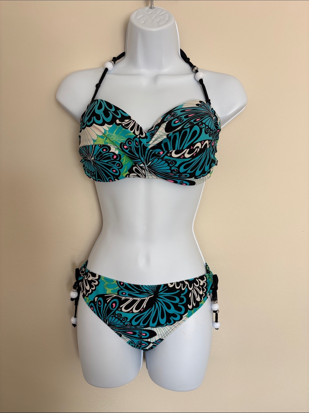 La Vie En Rose Turquoise & Black Floral Bandeau Bikini